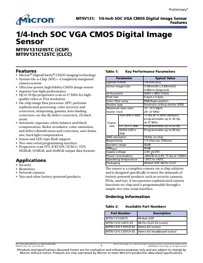 MICRON MT9V131I29STC (iCSP) MT9V131C12STC (CLCC) Manual - cover page