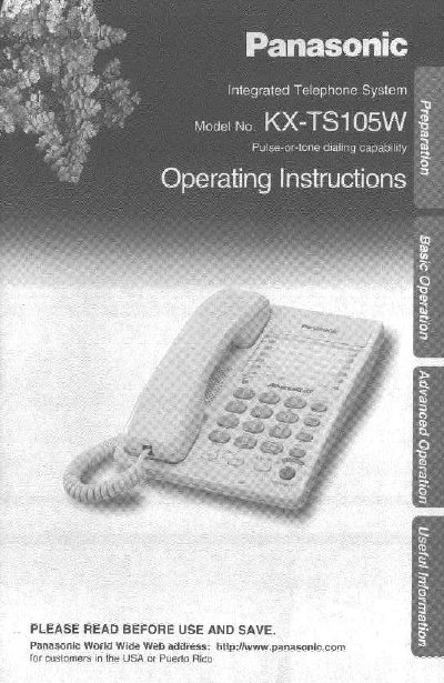 Panasonic KX-TS105W Integrated Telephone System Operating Instructions