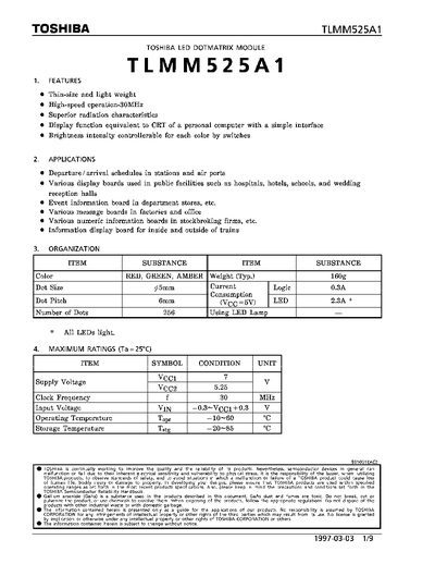 Toshiba TLMM525A1 LED Dotmatrix Module Datasheet - cover page