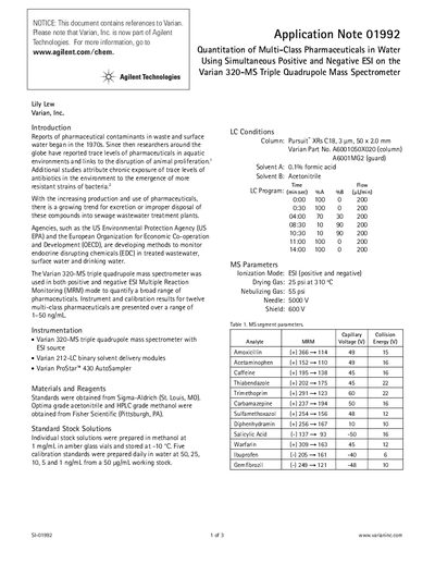 Agilent 320-MS Triple Quadrupole Mass Spectrometer Application Note 01992 - cover page