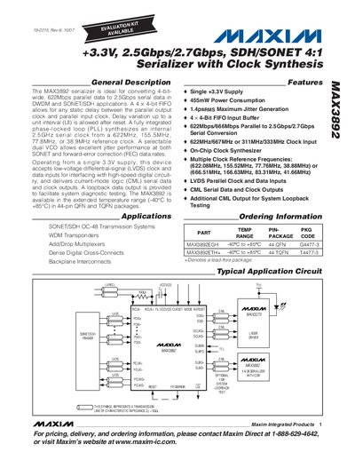 Maxim MAX3892 Serializer Datasheet - cover page