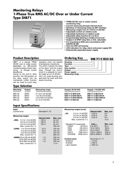 Monitoring Relays 1-Phase True RMS AC/DC Over or Under Current Type DIB71 - cover page