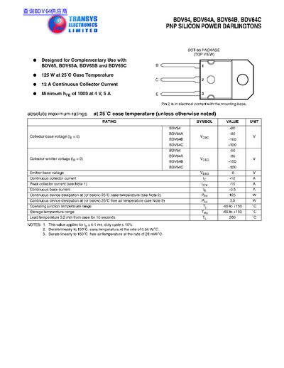 TRANSYS ELECTRONICS BDV64/64A/64B/64C PNP SILICONPOWER DARLINGTONS - cover page