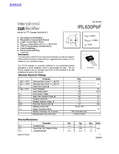 International Rectifier IRL630PbF Datasheet - cover page