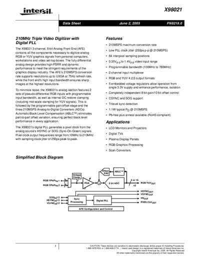 Intersil X98021 Triple Video Digitizer Data Sheet - cover page