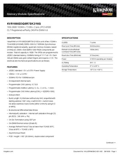 Kingston KVR1066D3Q8R7SK2/16G Memory Module Specifications - cover page