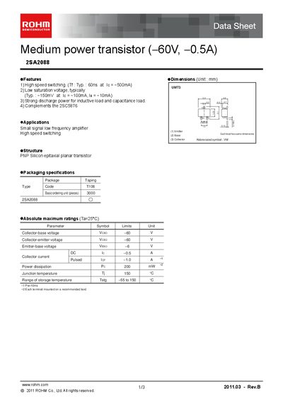 ROHM 2SA2088 PNP Transistor Datasheet - cover page