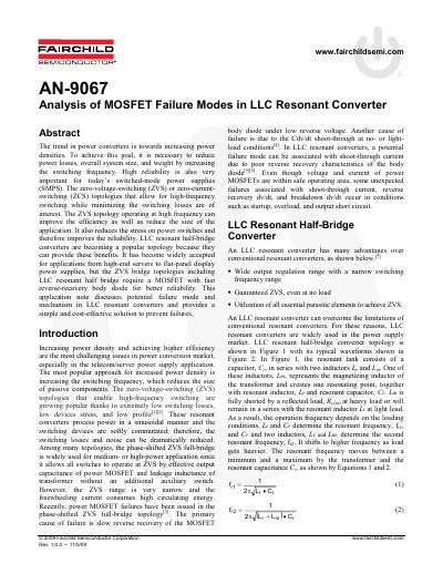 Fairchild Semiconductor AN-9067 Analysis of MOSFET Failure Modes in LLC Resonant Converter Application Note - cover page