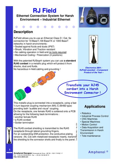 Amphenol RJField Industrial Ethernet Connection System Data Sheet - cover page