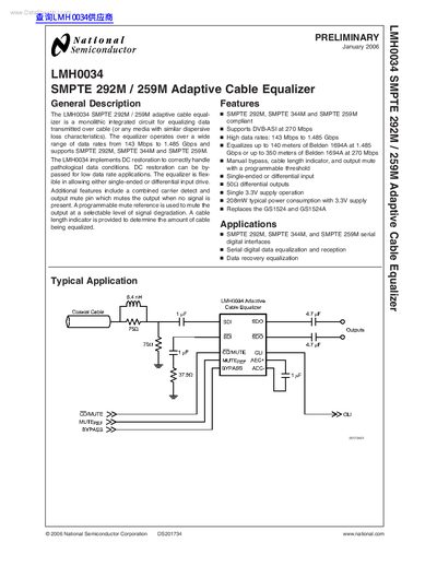 National Semiconductor LMH0034 SMPTE 292M/259M Adaptive Cable Equalizer Datasheet - cover page
