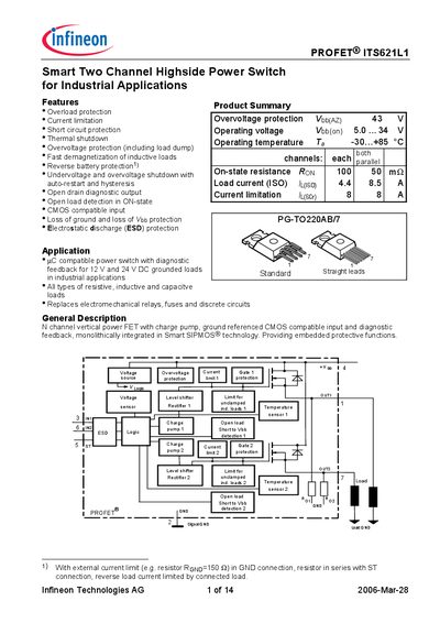 Infineon ITS621L1 Smart Two‑Channel Highside Power Switch Datasheet - cover page