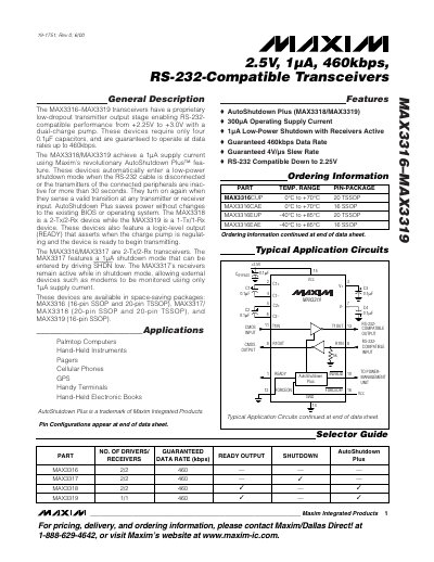 Maxim Integrated MAX3316–MAX3319 RS-232-Compatible Transceivers Datasheet - cover page