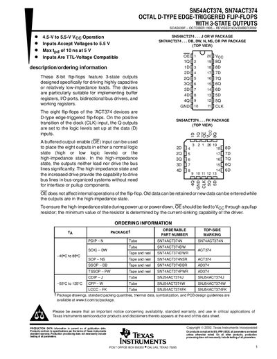 Texas Instruments SN54ACT374 / SN74ACT374 Octal D‑Type Edge‑Triggered Flip‑Flops with 3‑State Outputs Datasheet - cover page