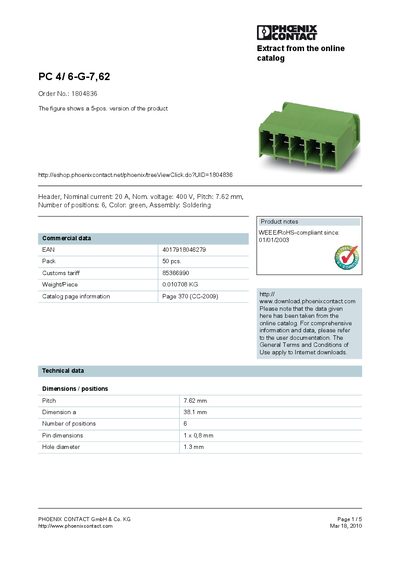 Phoenix Contact PC 4/6-G-7.62 Product Leaflet - cover page