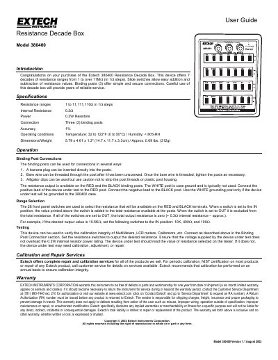 Extech 380400 Resistance Decade Box User Guide - cover page