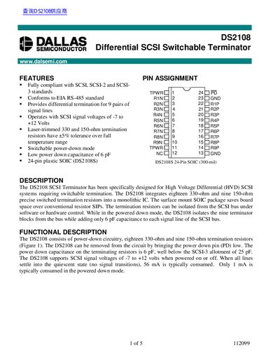 Dallas Semiconductor DS2108 Differential SCSI Switchable Terminator Datasheet - cover page
