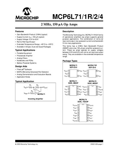 Microchip MCP6L71/1R/2/4 Operational Amplifier Datasheet - cover page