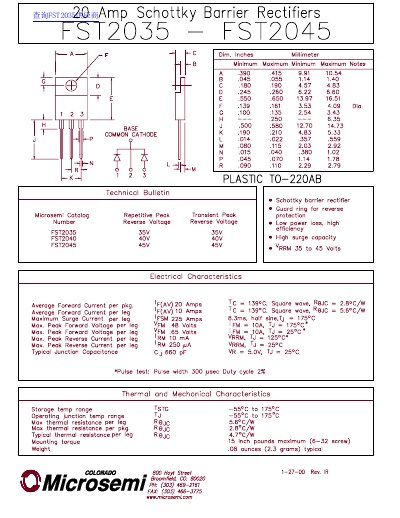 Microsemi FST2035-FST2045 Schottky Barrier Rectifiers Datasheet