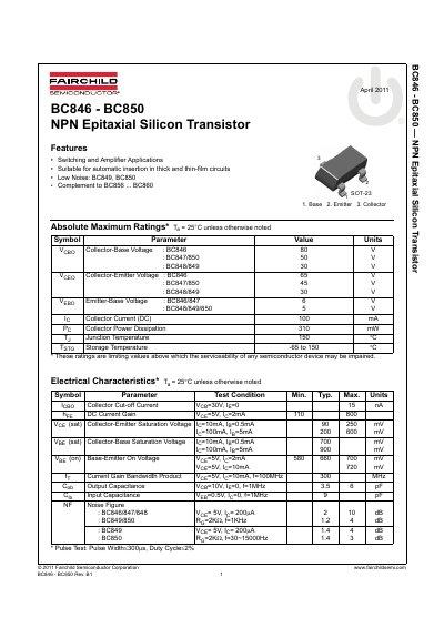 Fairchild Semiconductor BC846-BC850 NPN Epitaxial Silicon Transistor Datasheet - cover page