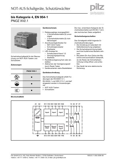 Pilz PNOZ XV2.1 Safety Relay Technical Data Sheet - cover page