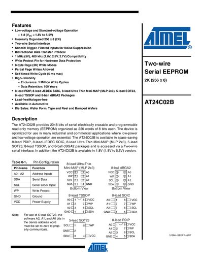 Atmel AT24C02B Two-wire Serial EEPROM Datasheet - cover page