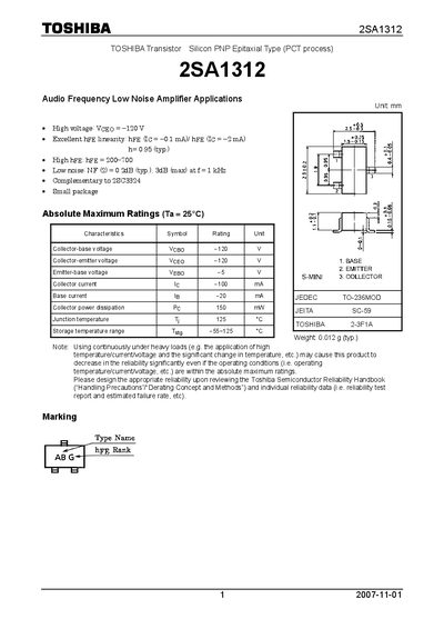 Toshiba 2SA1312 Silicon PNP Transistor Data Sheet - cover page