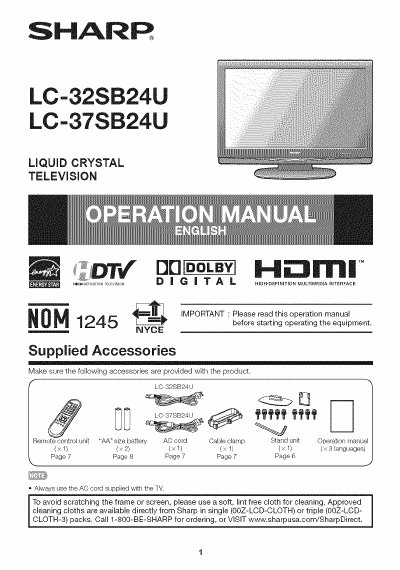 Sharp LC-32SB24U / LC-37SB24U LCD Television User Manual - cover page