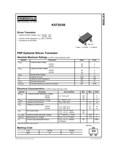 Fairchild Semiconductor KST55/56 PNP Epitaxial Silicon Transistor Datasheet