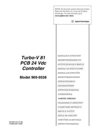 Agilent Technologies Turbo-V 81 PCB 24 Vdc Controller Model 969-9538 Instruction Manual - cover page