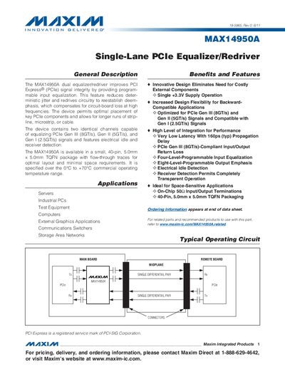 Maxim MAX14950A PCIe Equalizer/Redriver Datasheet - cover page