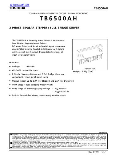 Toshiba TB6500AH Stepper Motor Driver IC Datasheet - cover page