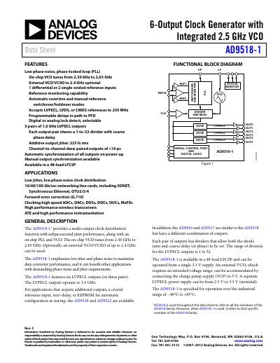 Analog Devices AD9518-1 6-Output Clock Generator Data Sheet