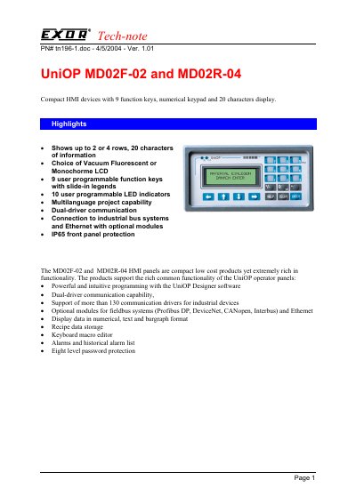 UniOP MD02F-02 and MD02R-04 Compact HMI Tech-Note - cover page
