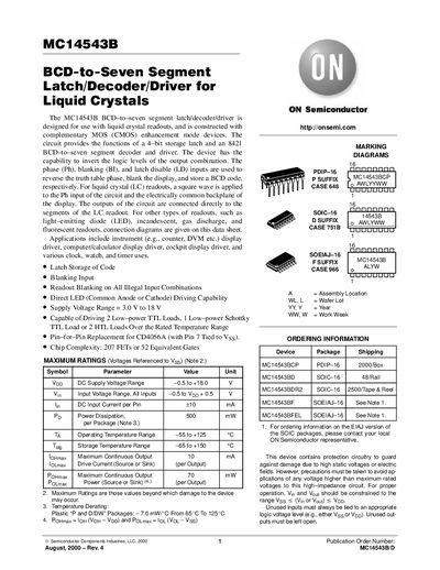 ON Semiconductor MC14543B BCD-to-Seven Segment Latch/Decoder/Driver Datasheet - cover page