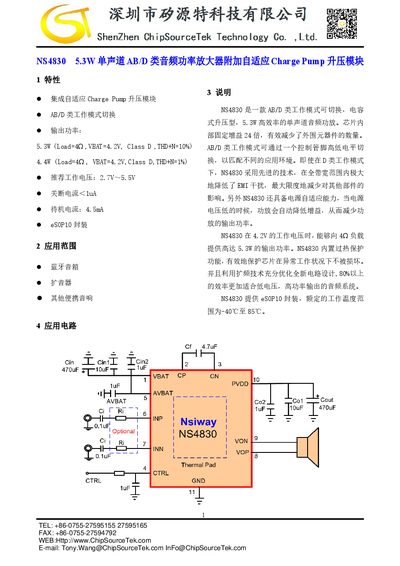 ChipSourceTek NS48305.3W Mono AB/D Class Audio Power Amplifier Datasheet