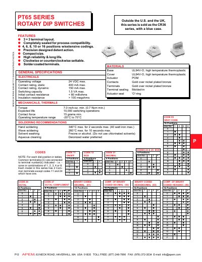 APEM PT65 Series Rotary Dip Switches Specifications - cover page