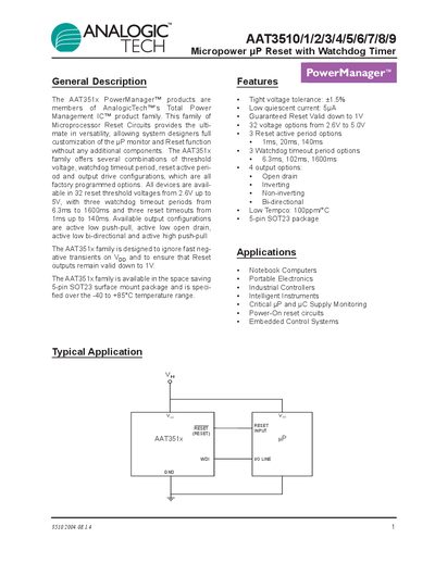 Analogic AAT3510/1/2/3/4/5/6/7/8/9 Micropower UP Reset with Watchdog Timer Datasheet - cover page