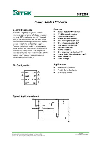BiTEK BIT3267 Current Mode LED Driver Datasheet - cover page