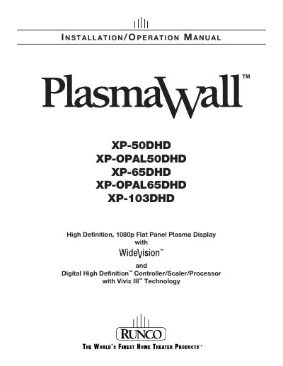 RUNCO PlasmaWall XP-50DHD/XP-OPAL50DHD/XP-65DHD/XP-OPAL65DHD/XP-103DHD installation Manual - cover page