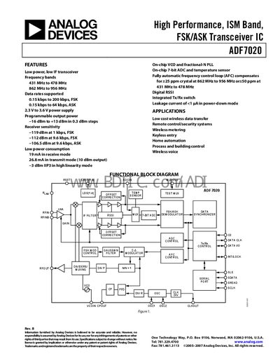 Analog Devices ADF7020 Transceiver IC Datasheet - cover page