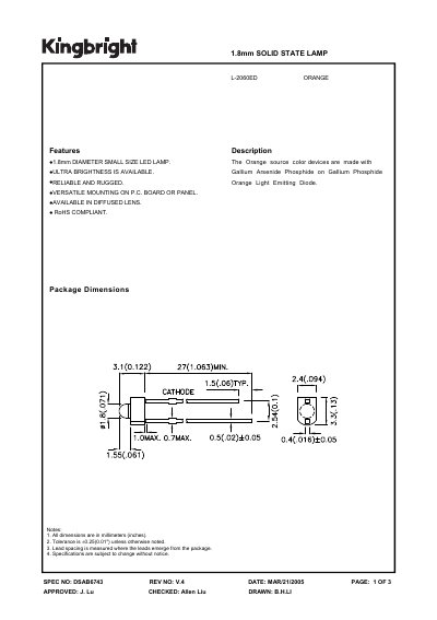 KINGBRIGHT - SPEC NO: DSAB6743 REV NO: V.4 1.8mm SOLID STATE LAMP handbook - cover page