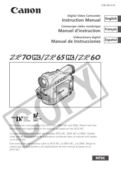 Canon ZR70 MC / ZR65 MC / ZR60 Instruction Manual - cover page