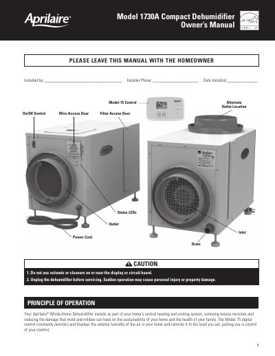 Aprilaire Model 1730A Whole-House Dehumidifier Owner's Manual - cover page