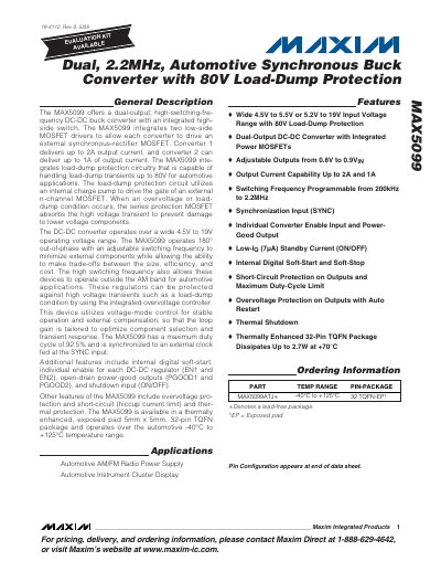 Maxim MAX5099 Dual 2.2MHz Automotive Synchronous Buck Converter Datasheet - cover page