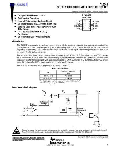 Texas Instruments TL5002 Pulse-Width-Modulation Control Circuit Data Sheet - cover page
