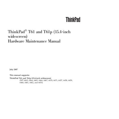 Lenovo ThinkPad T61 and T61p 15.4-inch Widescreen Hardware Maintenance Manual - cover page