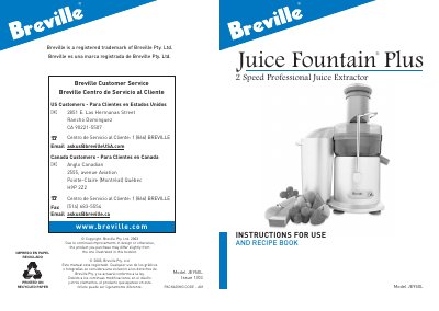 Breville JE95XL Juice Fountain Plus 2 Speed Professional Juice Extractor User Manual - cover page