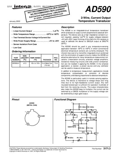 Intersil AD590 Temperature Transducer Datasheet - cover page