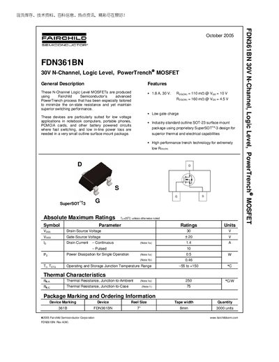 Fairchild FDN361BN 30V N-Channel Logic Level PowerTrench MOSFET Datasheet - cover page