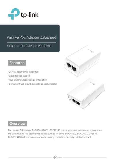 TP-Link TL-POE2412G/TL-POE4824G Passive PoE Adapter Datasheet - cover page